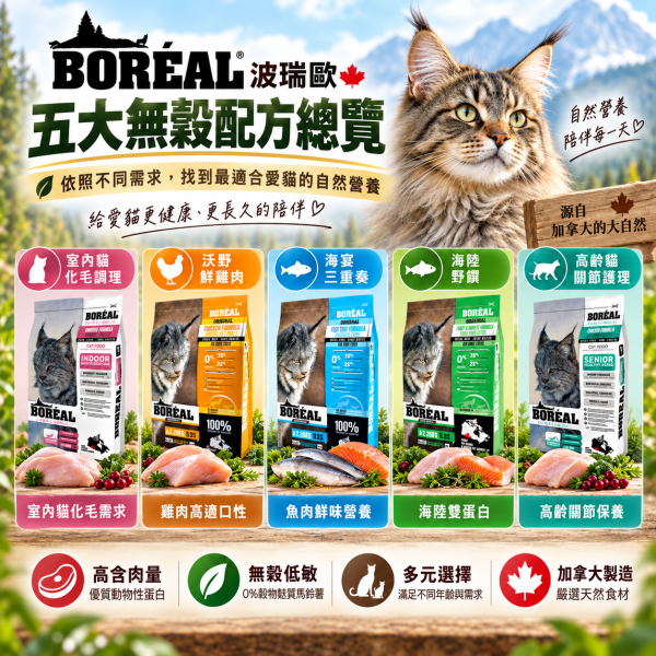 【波瑞歐 BORÉAL】無穀貓飼料5lb｜全齡貓 室內貓 高齡貓｜鮮雞肉 海鮮 化毛 關節配方 BORÉAL, BOREAL, 波瑞歐, 波瑞歐貓飼料, 無穀貓飼料, 無穀貓糧, 貓飼料, 貓糧, 貓乾糧, 加拿大貓飼料, 5lb貓飼料, 全齡貓飼料, 室內貓飼料, 高齡貓飼料, 化毛貓飼料, 關節保健貓糧, 低GI貓糧, 高蛋白貓飼料, 雞肉貓糧, 海鮮貓糧