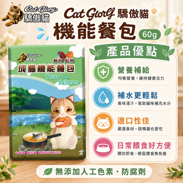 【Cat Glory 驕傲貓】機能餐包60g｜幼貓雞肉白魚／成貓鮪魚鮭魚／吻仔魚／雞肉鰹魚｜貓餐包 貓濕食 驕傲貓機能餐包60g、Cat Glory幼貓成長餐包、Cat Glory成貓機能餐包、幼貓雞肉白魚餐包、成貓鮪魚鮭魚餐包