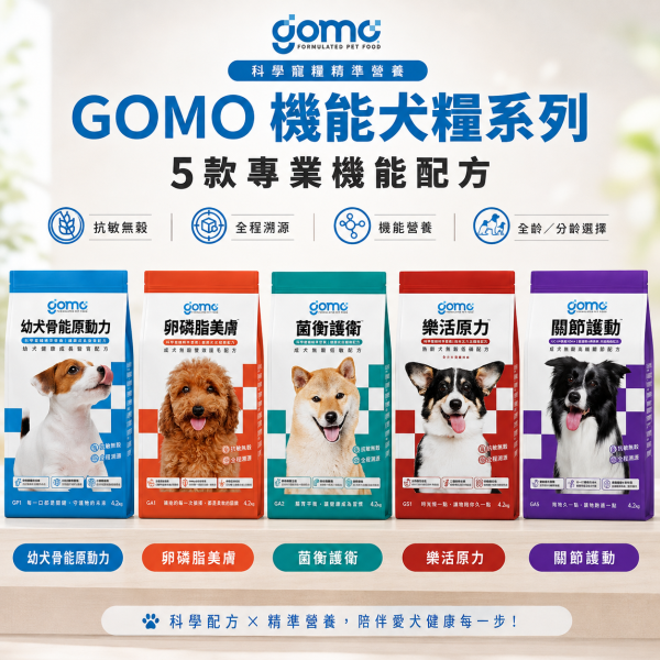【GOMO】犬用機能保健乾糧 1.8kg｜幼犬・成犬・熟齡犬｜無穀低敏・腸胃保健・關節護動・卵磷脂美膚 GOMO, GOMO狗飼料, GOMO犬用乾糧, GOMO機能乾糧, 狗飼料推薦, 幼犬飼料, 成犬飼料, 熟齡犬飼料, 無穀狗飼料, 低敏狗飼料, 機能狗飼料, 犬用保健飼料, 腸胃保健狗飼料, 關節保養狗飼料, 皮毛保健狗飼料, 美膚狗飼料, 卵磷脂狗飼料, 熟齡犬保健飼料, 幼犬成長飼料, 狗乾糧1.8kg