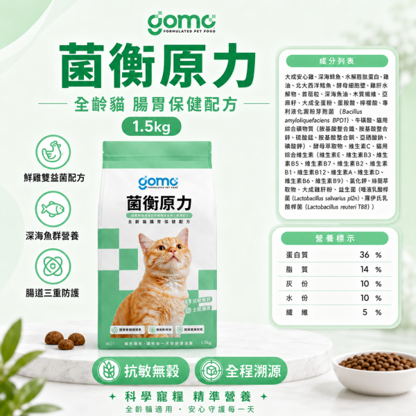 【GOMO】全齡貓機能乾糧1.5kg｜腸胃保健・腎臟低負擔・低敏美膚亮毛｜無穀貓飼料 GOMO菌衡原力1.5kg、GOMO腸胃保健貓糧、GOMO平衡生活1.5kg、GOMO腎臟低負擔貓糧、GOMO光澤毛流1.5kg、GOMO低敏美膚亮毛貓糧、全齡貓機能乾糧推薦