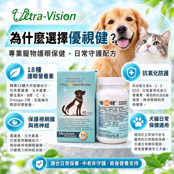 【優視健】日常保健營養食品  60顆膠囊 貓狗都適用 寵物用保養保健食品 眼睛 視力 營養品 優視健,Ultra-Vision,優視生技,寵物葉黃素,狗狗葉黃素,貓咪葉黃素,犬貓葉黃素,寵物眼睛保健,狗狗眼睛保健,貓咪眼睛保健,犬貓護眼,寵物護眼保健,狗狗護眼,貓咪護眼,視網膜保健,狗狗視網膜保健,老犬眼睛保健,熟齡犬保健,寵物抗氧化,護眼抗氧化營養錠,牛磺酸護眼,Omega3寵物,寵物牛磺酸,60顆護眼保健
