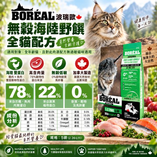 【波瑞歐 BORÉAL】無穀貓飼料5lb｜全齡貓 室內貓 高齡貓｜鮮雞肉 海鮮 化毛 關節配方 BORÉAL, BOREAL, 波瑞歐, 波瑞歐貓飼料, 無穀貓飼料, 無穀貓糧, 貓飼料, 貓糧, 貓乾糧, 加拿大貓飼料, 5lb貓飼料, 全齡貓飼料, 室內貓飼料, 高齡貓飼料, 化毛貓飼料, 關節保健貓糧, 低GI貓糧, 高蛋白貓飼料, 雞肉貓糧, 海鮮貓糧