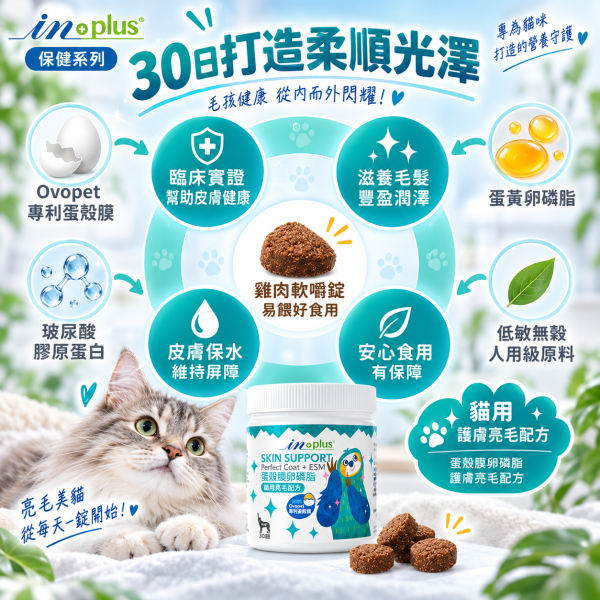 【IN-Plus】 犬用保健品  60顆/120顆/300顆   蛋殼膜卵磷脂｜護膚亮毛・魚油舒敏配方 IN PLUS 蛋殼膜卵磷脂

狗狗皮膚保健

狗狗毛髮亮澤

狗狗舒敏保健品

狗狗魚油卵磷脂

犬用保健食品

狗狗護毛營養品

狗狗掉毛改善

寵物皮膚毛髮保健