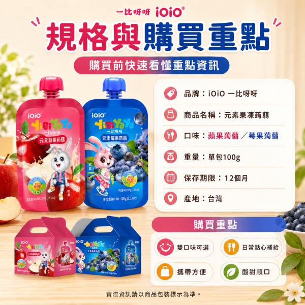 【iOiO 一比呀呀 YiBiYaYa】元素蒟蒻果凍 100g｜蘋果／莓果｜乳酸菌 膳食纖維 兒童點心 一比呀呀蒟蒻果凍100g、iOiO元素蒟蒻100g、兒童蒟蒻果凍推薦、兒童果凍零食推薦、蘋果蒟蒻果凍、莓果蒟蒻果凍