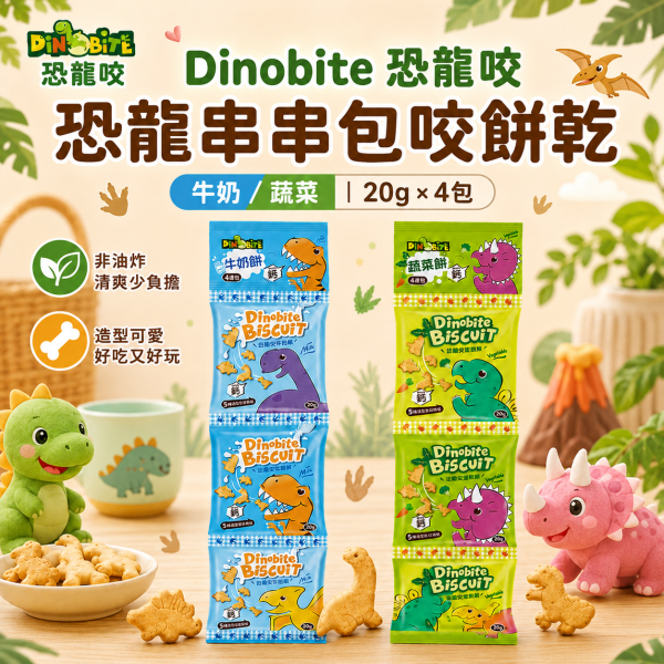 【Dinobite 恐龍咬】恐龍造型兒童餅乾四連包 20g｜牛奶餅／蔬菜餅｜20g×4袋 添加鈣質 Dinobite恐龍咬四連包、恐龍咬牛奶餅20g×4、恐龍咬蔬菜餅20g×4、兒童恐龍餅乾推薦、兒童小包裝餅乾推薦