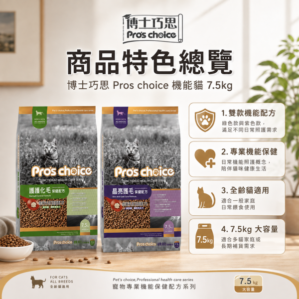 【博士巧思 Pros Choice】機能貓飼料 7.5KG 膳纖化毛/晶亮護毛配方 高纖助排毛 提亮毛色 全齡貓飼料 博士巧思機能貓, 博士巧思貓飼料7.5kg, 博士巧思膳纖化毛, 博士巧思晶亮護毛, 化毛貓飼料推薦, 亮毛貓飼料, 成貓飼料7.5kg, 博士巧思機能配方, 大包裝貓飼料, 排毛貓飼料