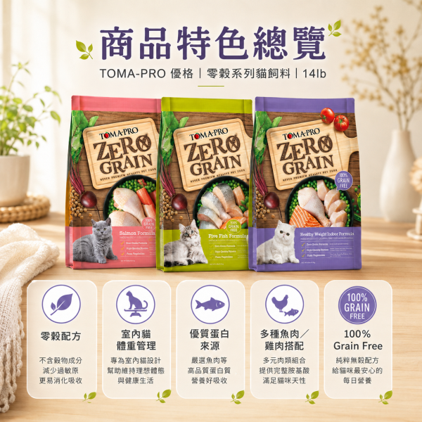 【TOMA-PRO 優格】Zero Grain 零穀貓飼料 14lb｜鮭魚／5種魚／室內貓體重管理｜全年齡成貓乾糧 TOMA-PRO零穀貓飼料14lb、優格零穀貓飼料14磅、優格鮭魚貓飼料14lb、優格5種魚貓飼料、優格室內貓體重管理、無穀貓飼料推薦、室內貓飼料推薦、化毛貓飼料推薦