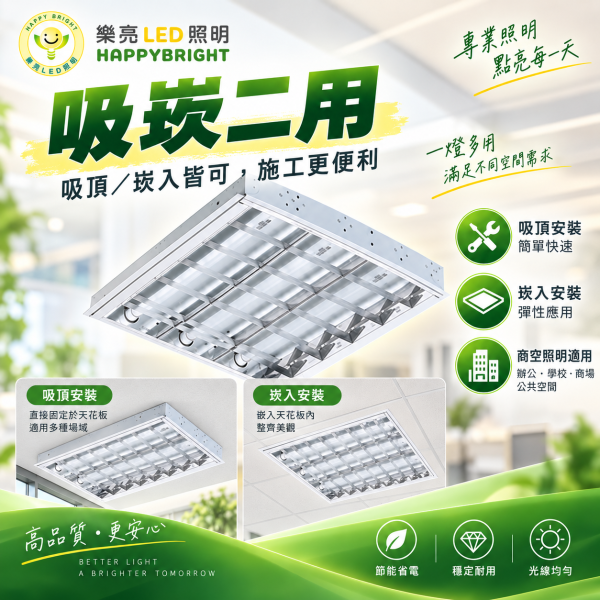 樂亮 LED T8 2尺4管輕鋼架燈｜格柵燈 T-BAR燈盤 600×600mm 樂亮輕鋼架燈,樂亮T8燈具,HappyBright T8,T8輕鋼架燈,2尺4管輕鋼架燈,2尺4管T8燈具,T-BAR燈具,T-BAR輕鋼架燈,LED輕鋼架燈,輕鋼架燈盤,2尺輕鋼架燈,600x600燈具,600x600輕鋼架燈,T8燈具,T8燈盤,辦公室燈具,辦公室LED燈,會議室燈具,教室燈具,商業照明,雙邊供電T8燈具,吸崁二用燈具,四管燈具,4管燈盤,輕鋼架天花板燈,T8 2尺燈具