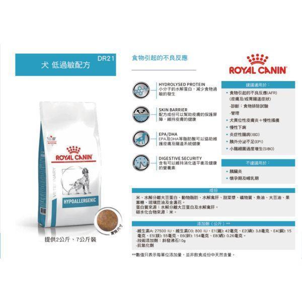 皇家 DR21 犬低過敏處方乾糧｜Hypoallergenic 水解蛋白配方 7KG 犬低過敏飼料、犬水解蛋白飼料、Royal Canin DR21、Hypoallergenic 犬糧、犬食物過敏、獸醫處方犬飼料