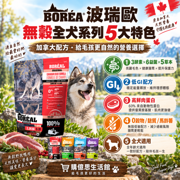 【波瑞歐 BOREAL】無穀犬糧5lb｜全齡犬狗飼料｜鴨肉 火雞 海宴三重奏 羊肉 加拿大製 BORÉAL, BOREAL, 波瑞歐, 波瑞歐狗飼料, 無穀狗飼料, 無穀犬糧, 狗飼料, 犬糧, 狗乾糧, 加拿大狗飼料, 全齡犬飼料, 5lb狗飼料, 鴨肉狗飼料, 火雞狗飼料, 魚肉狗飼料, 羊肉狗飼料, 低GI狗飼料, 高蛋白狗飼料