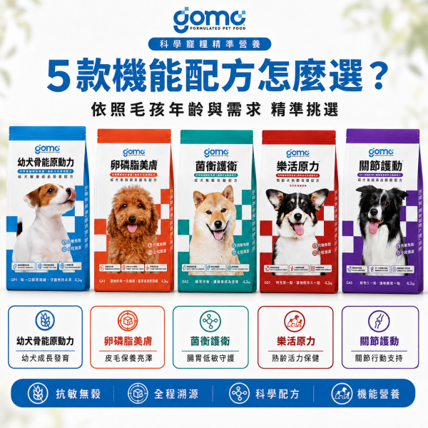 【GOMO】犬用機能保健乾糧 1.8kg｜幼犬・成犬・熟齡犬｜無穀低敏・腸胃保健・關節護動・卵磷脂美膚 GOMO, GOMO狗飼料, GOMO犬用乾糧, GOMO機能乾糧, 狗飼料推薦, 幼犬飼料, 成犬飼料, 熟齡犬飼料, 無穀狗飼料, 低敏狗飼料, 機能狗飼料, 犬用保健飼料, 腸胃保健狗飼料, 關節保養狗飼料, 皮毛保健狗飼料, 美膚狗飼料, 卵磷脂狗飼料, 熟齡犬保健飼料, 幼犬成長飼料, 狗乾糧1.8kg