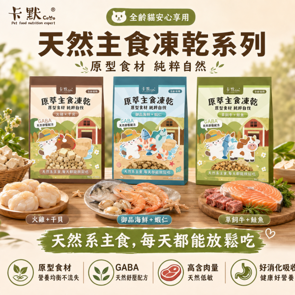 【CaMo 卡默】貓用原萃主食凍乾360g｜御品海鮮蝦仁／草飼牛鮭魚／火雞干貝｜GABA貓凍乾主食 卡默凍乾、卡默貓凍乾、貓凍乾、貓主食凍乾、貓咪凍乾主食、無穀貓糧、原肉凍乾、原型食物貓、天然貓糧推薦、貓主食推薦、凍乾拌飯、貓咪挑食改善、草飼牛貓糧、火雞貓糧、海鮮貓糧、GABA貓糧、貓咪舒壓、360g 貓凍乾