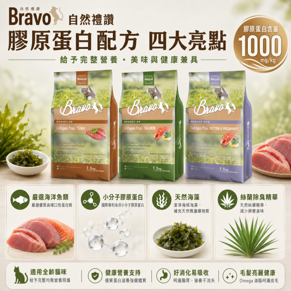 【Bravo 自然禮讚】膠原蛋白貓飼料1.5KG｜幼母貓／鮭魚／鮪魚｜貓糧 貓乾糧 Bravo自然禮讚貓飼料1.5KG、Bravo膠原蛋白貓糧、自然禮讚鮭魚貓飼料、自然禮讚鮪魚貓飼料、幼母貓飼料1.5kg、貓飼料小包裝推薦