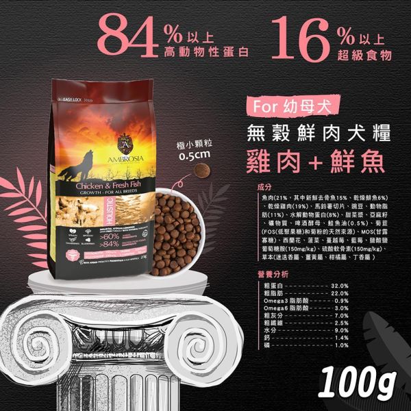 【安柏希雅 Ambrosia】無穀鮮肉犬糧 100g｜鮭魚雞肉／雞肉鮮魚／火雞兔肉／火雞鴨肉｜高動物性蛋白・小顆粒 安柏希雅犬糧, Ambrosia 狗飼料, 無穀犬糧推薦, 鮮肉犬糧, 幼犬飼料, 小型犬飼料, 全齡犬飼料, 高蛋白狗糧, 低敏犬糧, 狗飼料100g, 試吃包犬糧