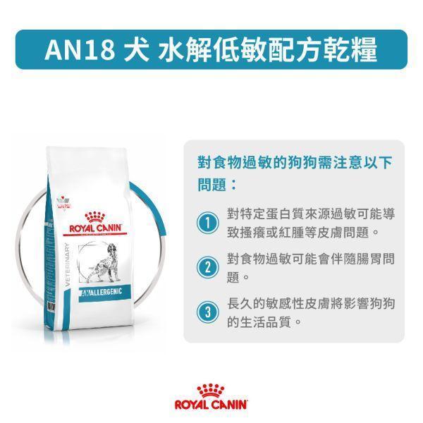 皇家  AN18 犬水解低敏處方乾糧｜Hypoallergenic 水解蛋白配方｜3KG 犬水解蛋白飼料、犬低過敏飼料、Royal Canin AN18、Hypoallergenic 犬糧、狗狗食物過敏、獸醫處方犬糧