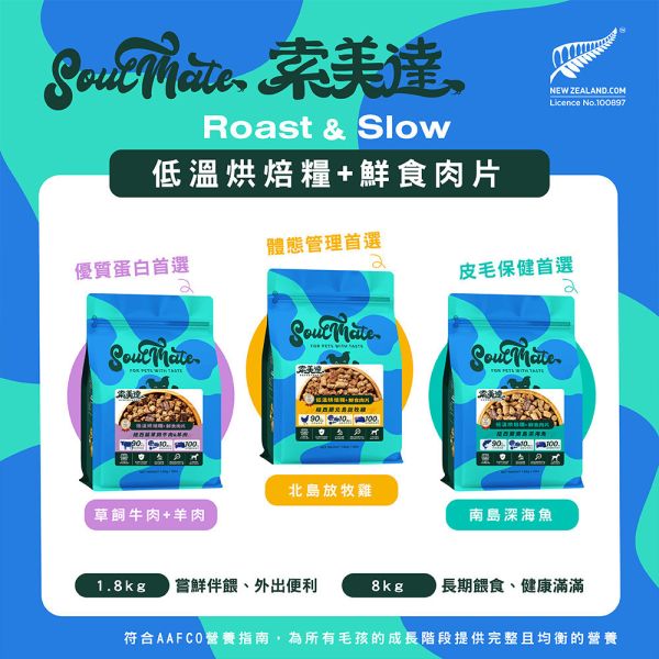 【索美達 Soulmate 】 犬用烘焙糧+鮮食肉片 1.8kg｜低溫烘焙 狗飼料 主食糧 牛羊 雞肉 深海魚 狗飼料推薦、低溫烘焙犬糧、紐西蘭狗飼料、無穀狗糧、天然狗糧推薦、Soulmate 狗飼料、犬主食糧 1.8kg、牛羊狗飼料、雞肉狗飼料、深海魚狗飼料、AAFCO 認證狗糧、鮮肉片狗糧