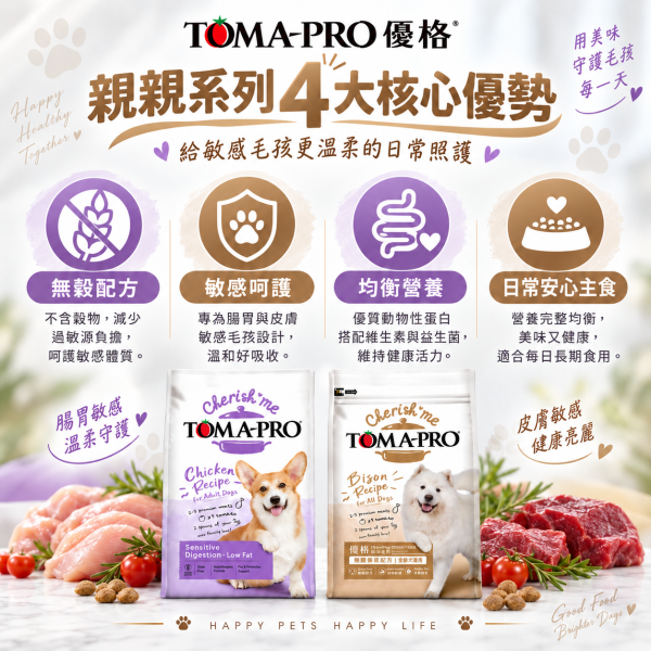 【TOMA-PRO 優格】親親系列犬糧14lb｜野牛護膚美毛／雞肉敏感腸胃低脂｜成犬狗飼料 TOMA-PRO, 優格, Cherish Me, 親親系列, 狗飼料, 犬糧, 成犬飼料, 14lb狗飼料, 敏感腸胃狗飼料, 低脂狗飼料, 零穀犬糧, 野牛狗飼料, 雞肉狗飼料, 護膚美毛犬糧, 益生菌狗飼料