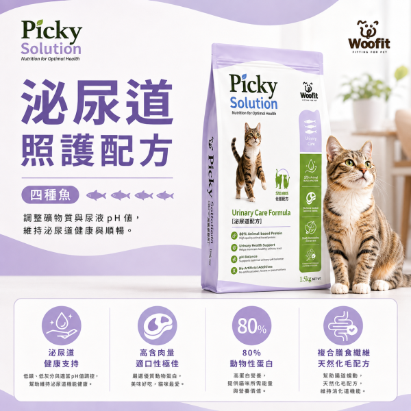 【Woofit】Picky Solution挑食對策貓糧1.5kg｜腸胃照護 泌尿保健 強效化毛｜全齡貓 Woofit Picky Solution貓飼料1.5kg、Woofit挑嘴貓糧、挑嘴貓飼料推薦、低敏腸胃貓糧推薦、泌尿道保健貓糧推薦、化毛貓飼料推薦