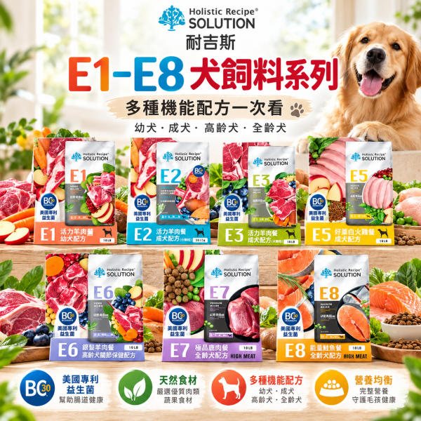 【耐吉斯】犬飼料 10 磅 E系列-無穀成犬 能量鮭魚  極品鹿肉 銀髮羊肉 好蛋白火雞 活力羊肉 耐吉斯狗飼料, Holistic Recipe, 無穀犬糧, 成犬飼料, 幼犬飼料, 全齡犬飼料, 高齡犬飼料, 羊肉狗飼料, 鮭魚狗飼料, 鹿肉狗飼料, 火雞狗飼料, 高蛋白狗飼料, 關節保健狗飼料, 大顆粒狗飼料, 小顆粒狗飼料, 狗飼料推薦, 10磅狗飼料, 大包裝狗飼料, 狗益生菌飼料, 無穀狗糧推薦