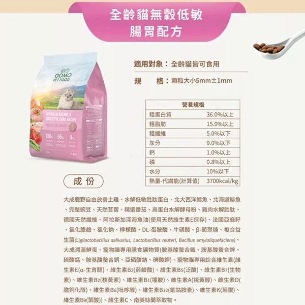 GOMO貓飼料 1.8KG 無穀低敏 腸胃配方 化毛配方 美膚亮毛 GOMO貓飼料, 無穀貓飼料, 全齡貓飼料, 低敏貓飼料, 貓腸胃保健飼料, 貓亮毛飼料, 化毛貓飼料, 健康貓飼料推薦, GOMO全齡貓飼料, 美膚亮毛貓飼料