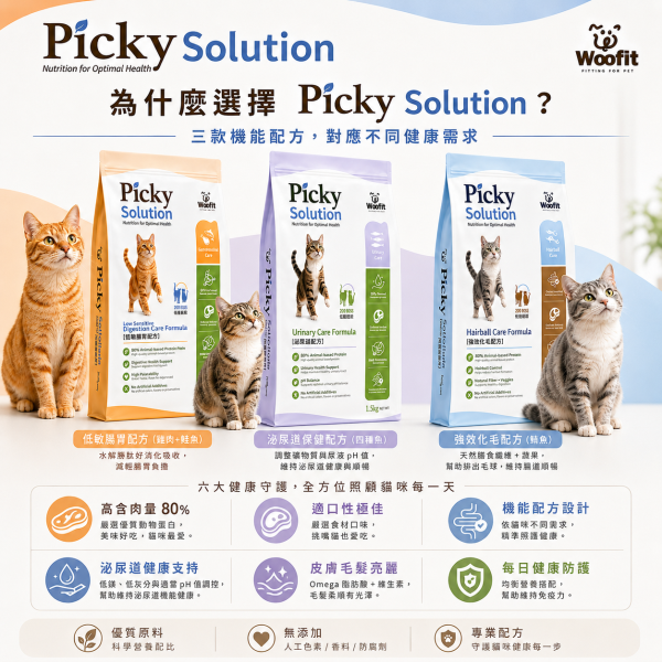 【Woofit】Picky Solution挑食對策貓糧1.5kg｜腸胃照護 泌尿保健 強效化毛｜全齡貓 Woofit Picky Solution貓飼料1.5kg、Woofit挑嘴貓糧、挑嘴貓飼料推薦、低敏腸胃貓糧推薦、泌尿道保健貓糧推薦、化毛貓飼料推薦