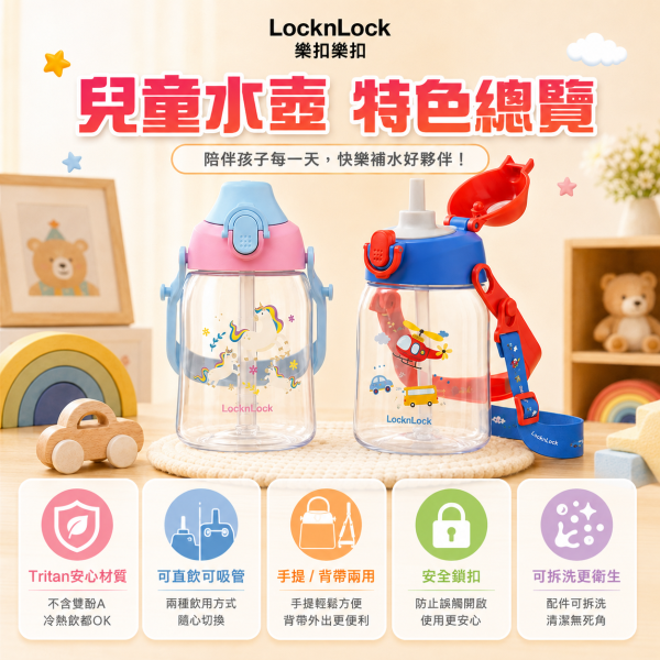【LocknLock 樂扣樂扣】兒童Tritan背帶水壺 450ml｜吸管水壺 手提水壺｜直升機／獨角獸 樂扣樂扣兒童水壺450ml、LocknLock兒童背帶水壺450ml、兒童Tritan水壺推薦、幼兒園背帶水壺推薦、兒童吸管水壺推薦、450ml兒童水壺推薦