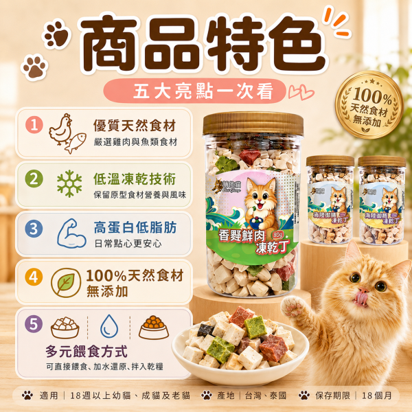 【Cat Glory 驕傲貓】貓咪原肉凍乾丁 85g／90g｜香雞鮮肉／原野澎湃／海陸御膳｜貓零食 貓點心 驕傲貓凍乾丁85g、驕傲貓香雞鮮肉90g、驕傲貓原野澎湃85g、驕傲貓海陸御膳85g、貓原肉凍乾推薦、高蛋白貓零食推薦