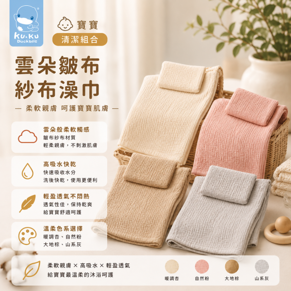 酷咕鴨 KUKU PLUS 六層紗布濕巾 2入｜雲朵紗・新生兒可用・敏感肌清潔 六層紗布濕巾、嬰兒紗布巾、新生兒濕巾、酷咕鴨濕巾、KUKU PLUS、嬰兒洗澡紗布、敏感肌嬰兒清潔