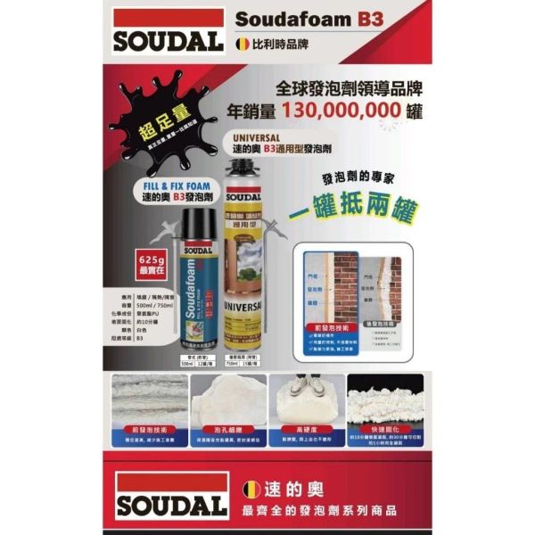 速的奧 Soudal Fill & Fix Foam B3 PU發泡劑 防火隔熱填縫劑 發泡槍 除膠劑 
