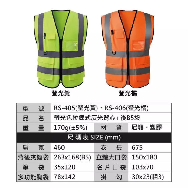 拉鍊式反光背心 RS-405 RS-406  多口袋反光背心 多口袋 透明塑膠PE膜 可放識別證 反光背心 拉鍊 