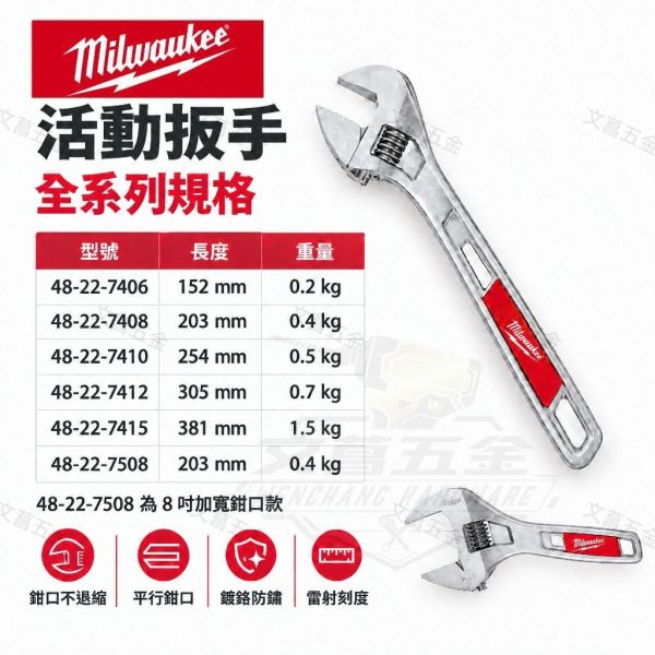 活動板手 美沃奇 Milwaukee 48-22-7406 48-22-7408 48-22-7410 48-22-7412 48-22-7508 Milwaukee,美沃奇,活動扳手,加寬活動扳手,48-22-7406,48-22-7408,48-22-7410,48-22-7412,48-22-7508,平行鉗口,鍍鉻防鏽