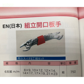 含稅 附發票 鹿洋五金 組立開口板手  EN 日本製造 開口扳手組 開口板手組 ~ 超耐用亮面 6支裝 