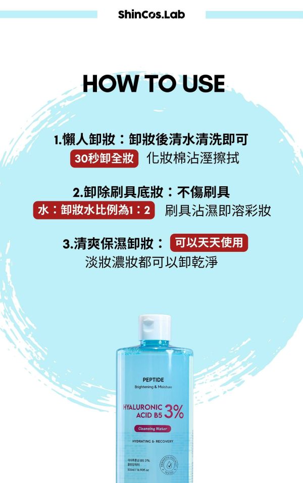 【 ShInCos.Lab】 透明質酸 玻尿酸 B5 3% 淨膚卸妝水 500ML 
