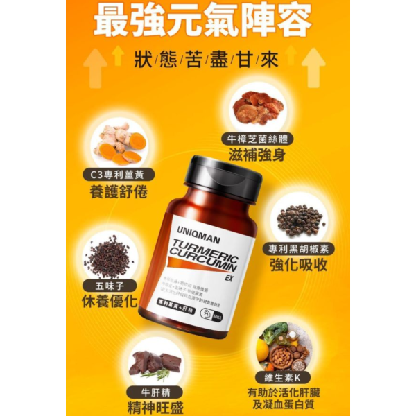 UNIQMAN 專利薑黃+肝精EX 膠囊 (60粒/瓶)【決勝累感｜多入更優惠】 薑黃,護肝,補肝,肝精,牛樟芝,五味子,精神旺盛