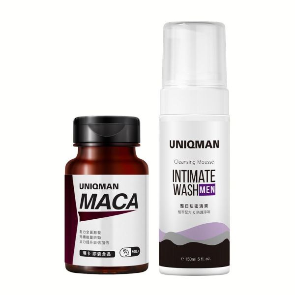 UNIQMAN 戰前保養組 瑪卡(60粒/瓶)+男性私密慕斯(150ml/瓶) 瑪卡,戰力保養,男性私密,抗菌,去味