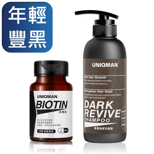 UNIQMAN 韌黑助攻組 蔘黑強韌洗髮精(400ml/瓶)+法密錠(60粒/瓶) 生髮,健髮,黑髮,養髮,頭皮營養,生物素,黑髮洗髮精