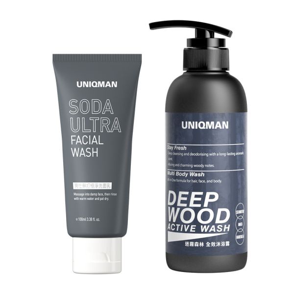 UNIQMAN 極淨洗沐組 男士蘇打極淨洗面乳(100ml/條)+迷霧森林全效沐浴露(400ml/瓶) 洗面乳,三合一沐浴露,香氛沐浴,男性清潔,男性沐浴乳