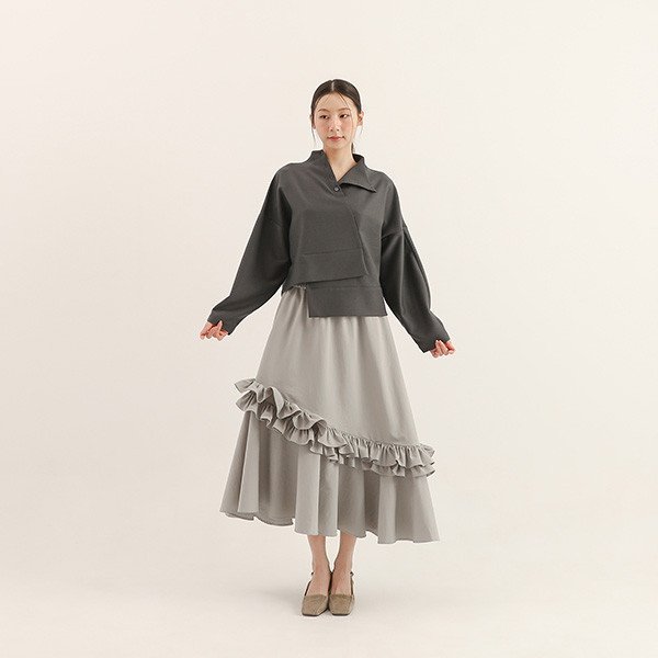 Jiaozhi_交織褶片上衣_灰藍 