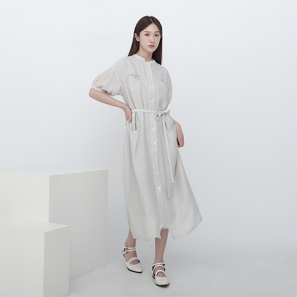 Xilu_夕露燈籠袖洋裝_淺灰 