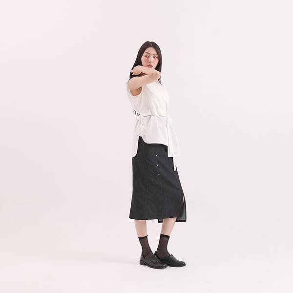 Adagio_微步剪接鉛筆裙_單寧黑 