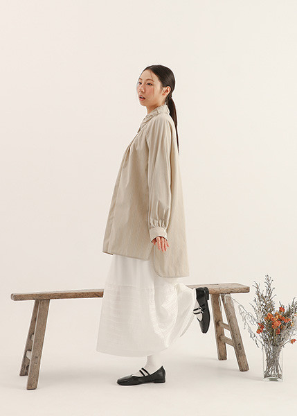 AlmondBlossoms_杏花長版襯衫_卡其條紋 