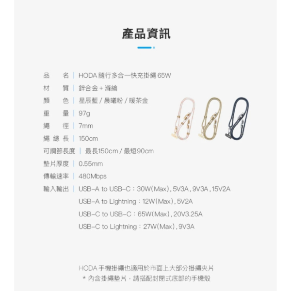 HODA 四合一 65w 手機 掛繩 充電線 揹繩 傳輸線 Lightning type c iPhone 16 15 