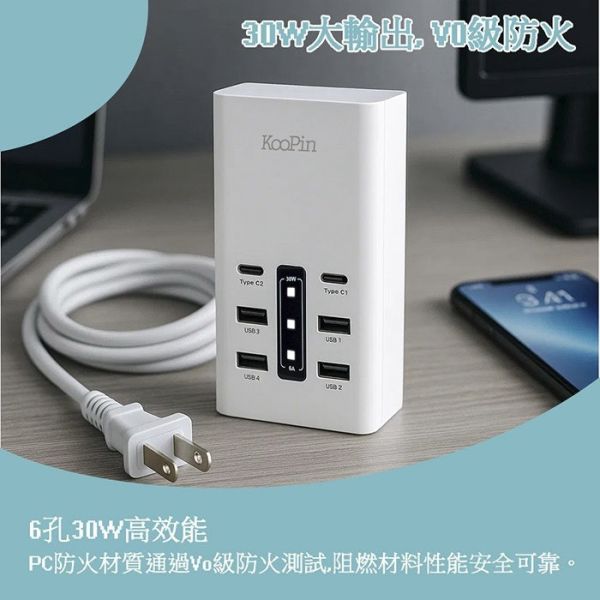 KooPin 30W 智慧分流 六孔 4A 2C 快速充電器 USB Type-C 台灣製造 