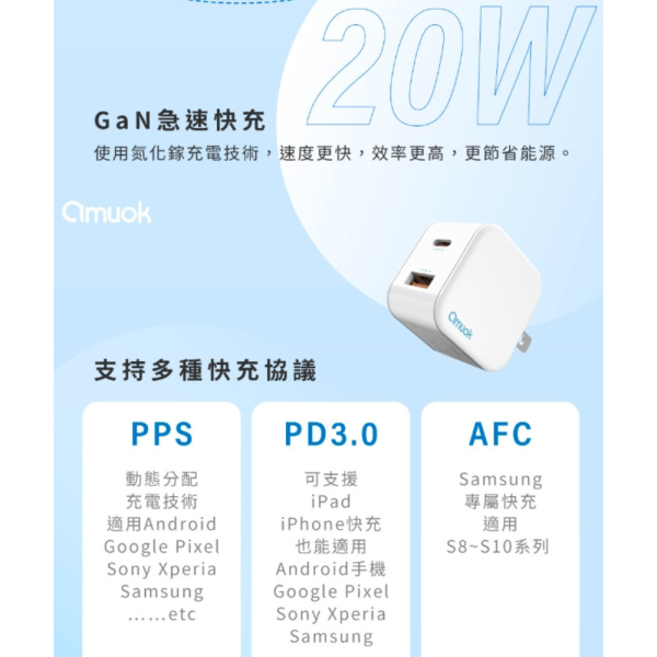 amuok 20W 氮化鎵 二孔 充電頭 充電器 快充頭 適 iphone 16e 17 15 16 