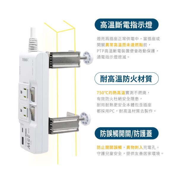 安全達人 3開4插2+3P GaN25W+QC3.0 快充延⾧線 充電器 延長線 K-102PLC+C 