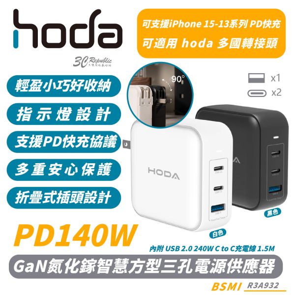 HODA GaN 氮化鎵 140W 方型 三孔 極速 電源 供應器 充電器 適 iPhone 16 15 14 13 