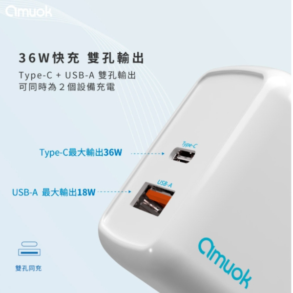 amuok 36W 二孔 氮化鎵 充電頭 充電器 快充頭 適 iphone 16e 17 15 16 