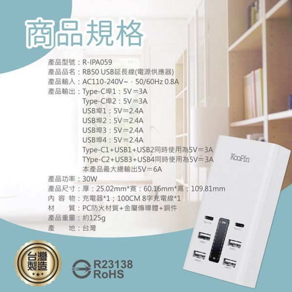 KooPin 30W 智慧分流 六孔 4A 2C 快速充電器 USB Type-C 台灣製造 