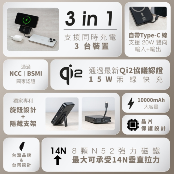 WEILIFE 10000mAh 磁吸 Qi2 3in1 自帶線 行動電源 magsafe iphone 15 16 