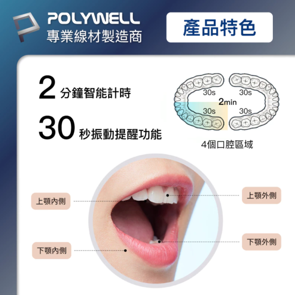 POLYWELL 寶利威爾 超聲波 電動 充電 牙刷 電動牙刷 41000VPM 無線感應座充 防水機身 附軟硬刷 